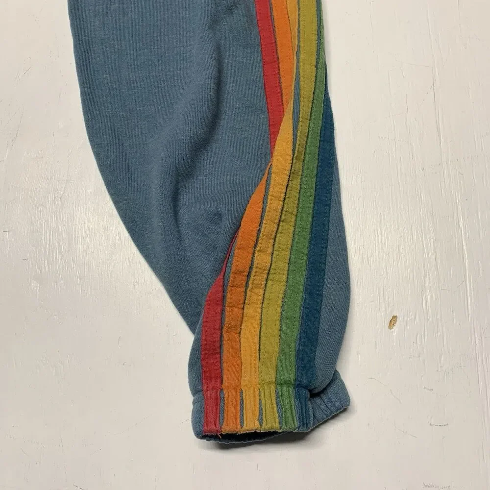 Aviator Nation 5 Striped Sweatpants Women Size L Blue Wash Casual USA Ultra Soft